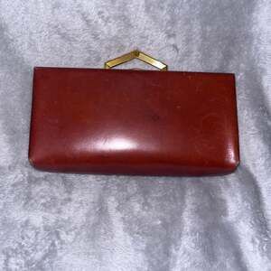 1940s Art Deco Red Leather Evans Clutch Purse Brown Satin Lining